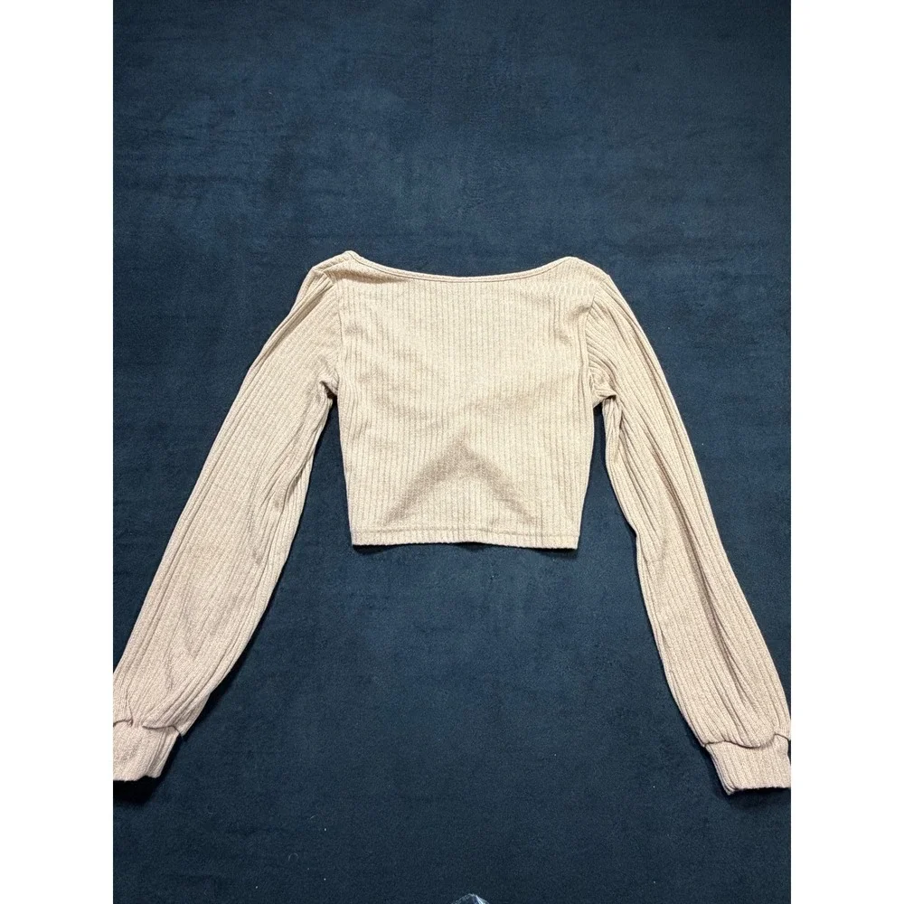 SHEIN Women's Beige Ribbed Twist Front Long Sleeve Crop Top XS